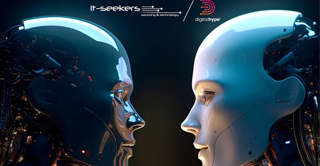"Two futuristic android heads facing each other in profile under the it-seekers and digitalhype logos, symbolizing a strategic technology leadership partnership."