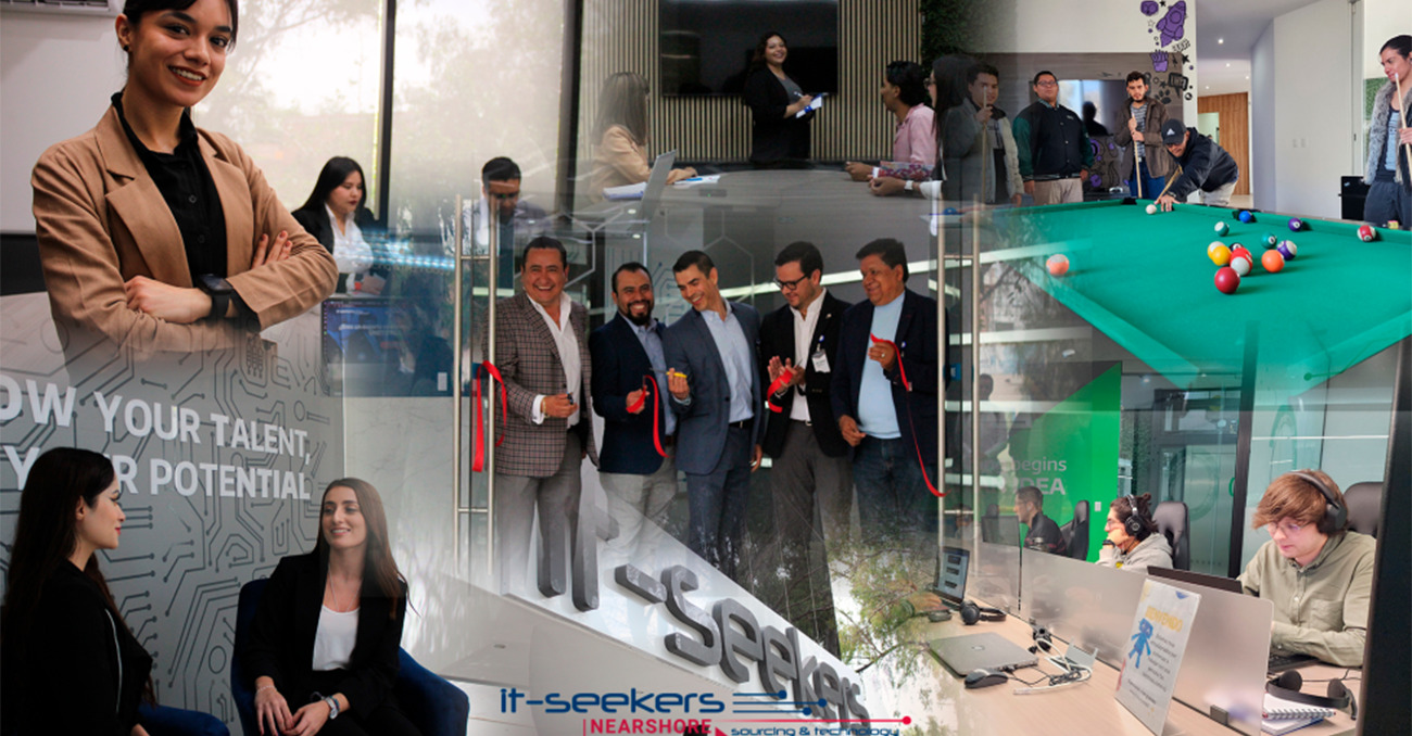 "A corporate collage banner for it-seekers Nearshore Sourcing & Technology showing diverse company scenes, including a ribbon-cutting ceremony, employees socializing around a pool table, developers working on laptops, and professional women conversing in a lounge area."