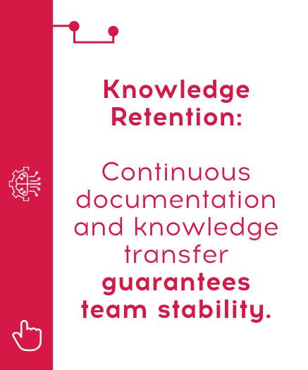 Red feature card with a digital brain circuit icon and text Knowledge Retention: Continuous documentation and knowledge transfer guarantees team stability.